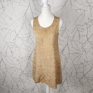Jean Jeanus Beige Gold Swirl Embroidered Round Neck Mini Dress